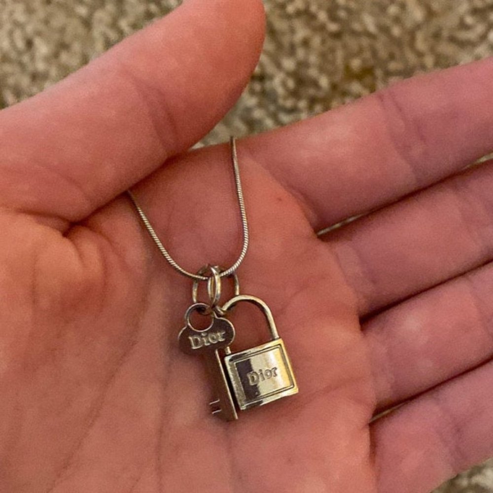 Silver Christian Dior Lock & Key Pendant Necklace